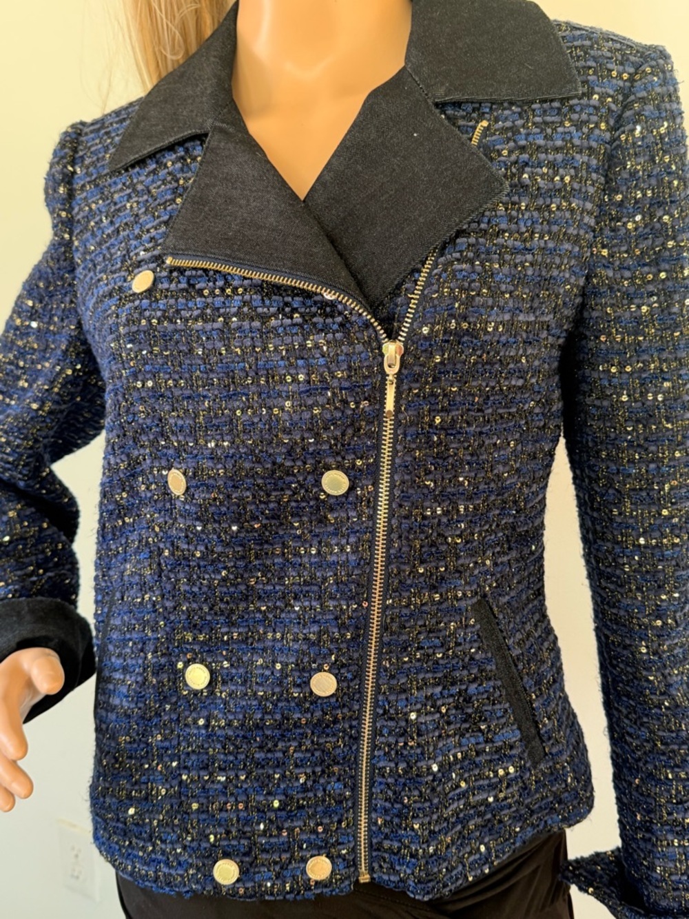 White House Black Market Navy Tweed Moto Jacket with Gold Hardware Women Size 8